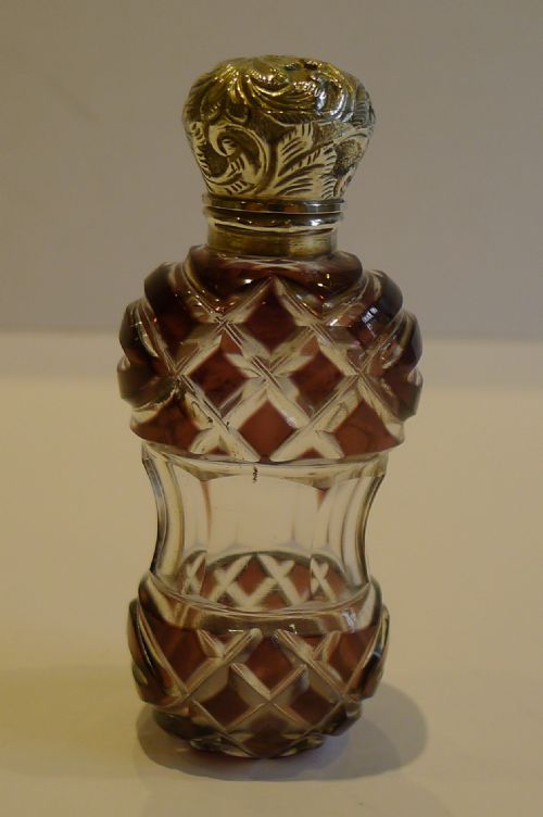 Antique English Purple Overlay Glass Perfume Bottle - Sterling Silver C.1890