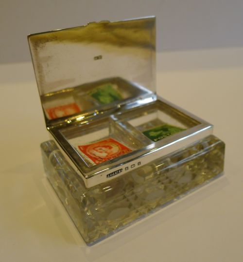 fig 1. Unusual Antique English Cut Crystal & Sterling Silver Double Postage Stamp Box