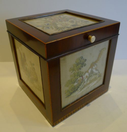 fig 1. Rare Antique English Tea Caddy - Figural Embroidered Panels c.1820