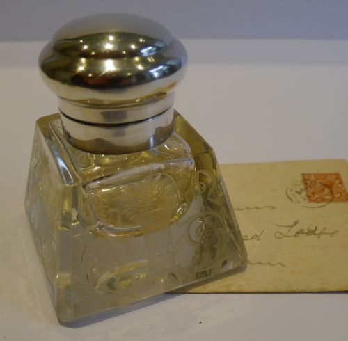 Antique English Engraved Crystal & Sterling Silver Inkwell - 1912