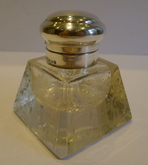 fig 1. Antique English Engraved Crystal & Sterling Silver Inkwell - 1912