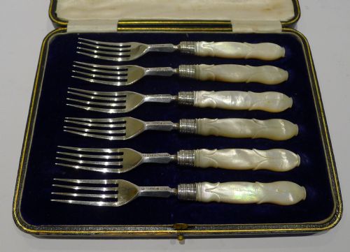 Antique English Sterling Silver & Mother of Pearl Cake or Desert Forks - 1844