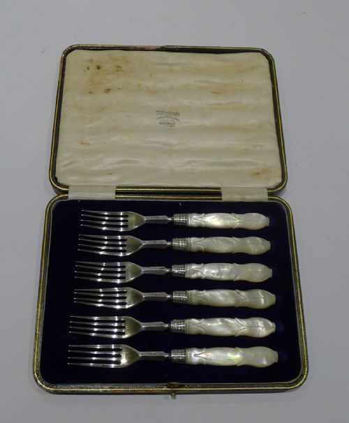 fig 1. Antique English Sterling Silver & Mother of Pearl Cake or Desert Forks - 1844
