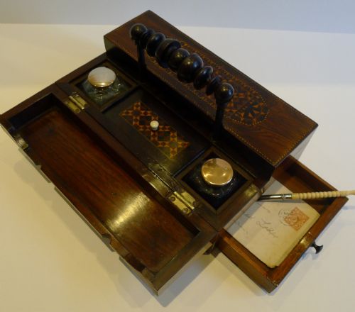 Rare English William IV Rosewood & Tunbridge Ware Desk Box / Inkwell C.1830