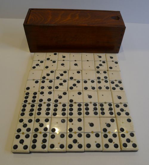 Antique English Boxed Set Bone & Ebony Wood Dominoes C.1890