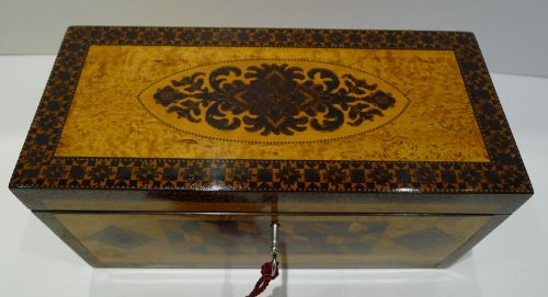 fig 1. Rare Antique English Ash & Tunbridge Ware Fall-Front Box - Birds