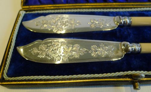 fig 1. Pair Quality Antique English Butter Knives in Original Presentation Case c.1890