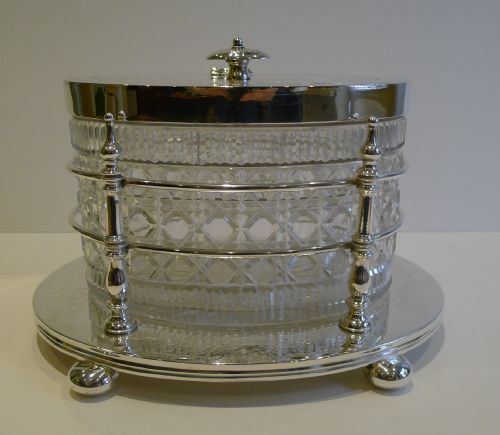 fig 1. Grand Large Antique English Cut Crystal & Silver Plate Biscuit Box c.1880 - Ferns