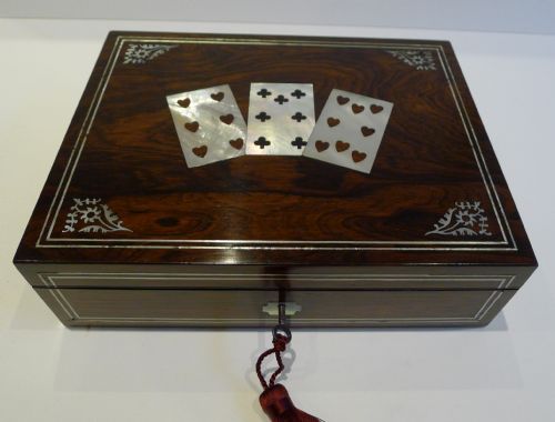 Antique English Mother of Pearl Inlaid Games Box with Period Cards C.1840