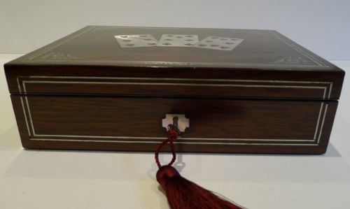 fig 1. Antique English Mother of Pearl Inlaid Games Box With Period Cards c.1840