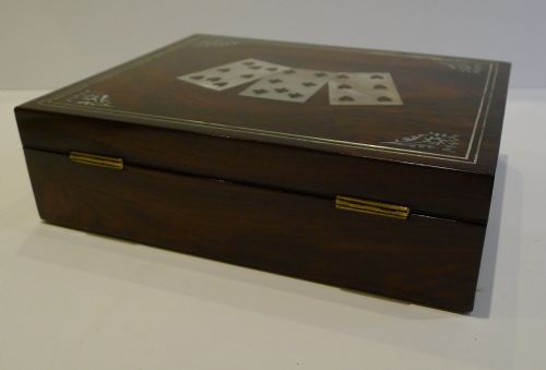 fig 3. Antique English Mother of Pearl Inlaid Games Box With Period Cards c.1840