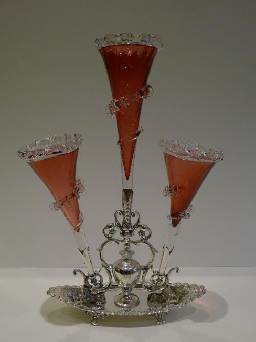 Outstanding Antique English Silver Plate & Cranberry Glass Epergne C.1880