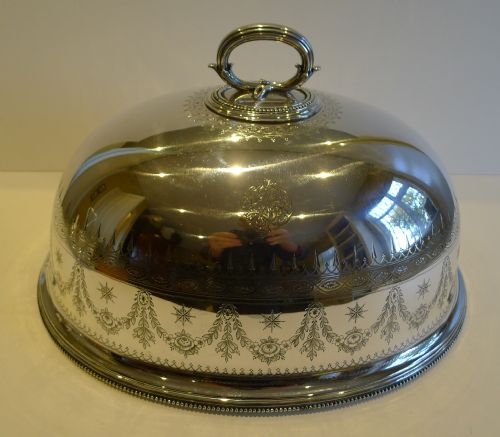 Antique English Engraved Silver Plated Meat Dome / Cover by Elkington -1882