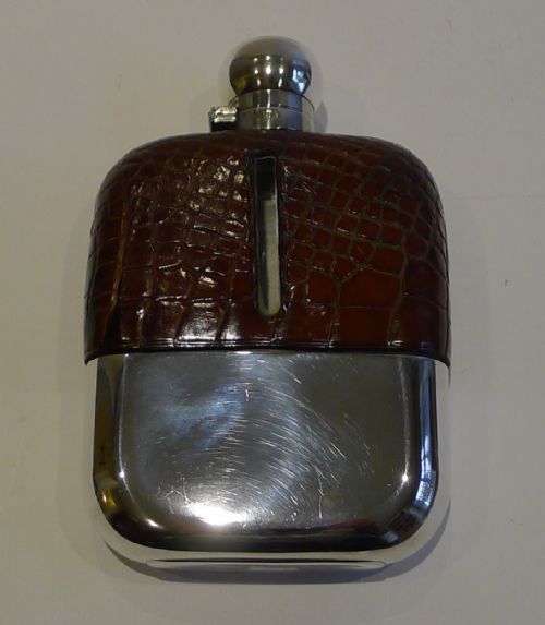 Large Antique Alligator / Crocodile & Silver Plated Hip Flask C.1910