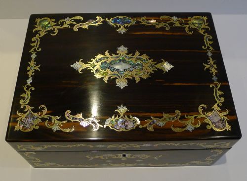 fig 1. Magnificent Antique English Brass, Pearl & Abalone Shell Inlaid Box c.1850