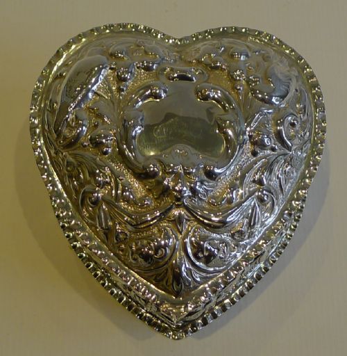 Large Antique English Sterling Silver Heart Shaped Box - Doves & Cherub - 1897