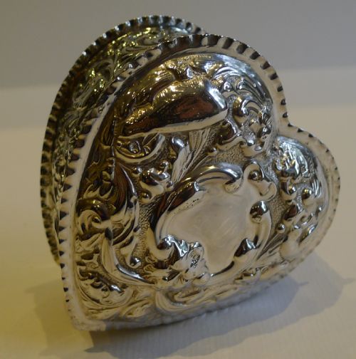 fig 1. Large Antique English Sterling Silver Heart Shaped Box - Doves & Cherub - 1897