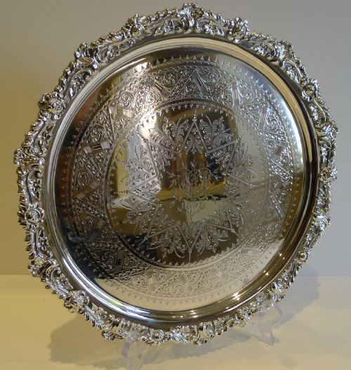 Stunning Antique English 12" Salver or Tray Dated 1897 in Silver Plate