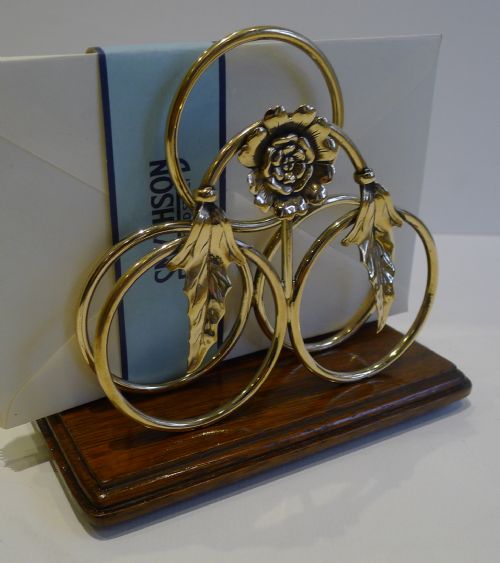 Antique English Brass & Oak Letter Rack / Stationery Holder C.1890