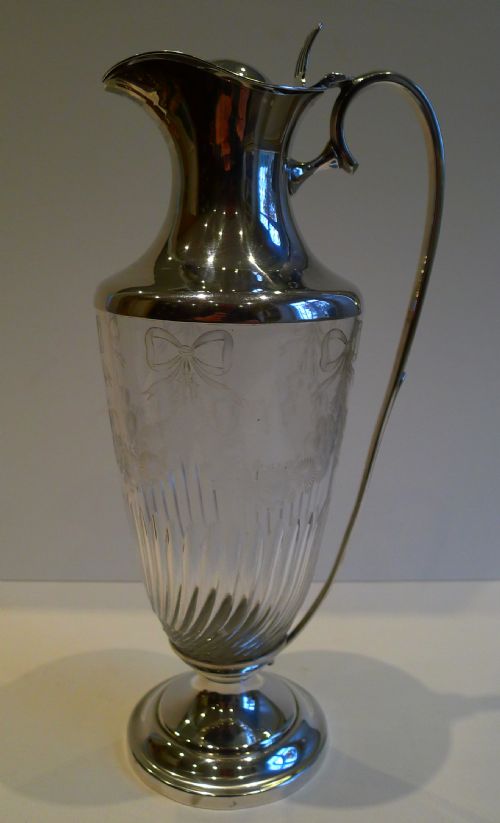 Quality Antique Cut & Engraved Crystal & Silver Plated Claret Jug by William Hutton C.1880