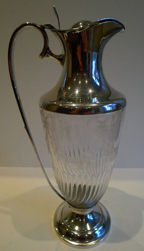 fig 1. Quality Antique Cut & Engraved Crystal & Silver Plated Claret Jug by William Hutton c.1880