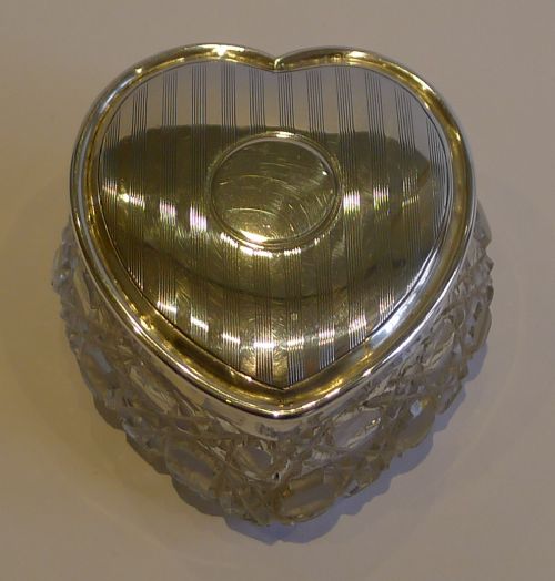 Antique English Cut Crystal & Sterling Silver Heart Shaped Box - 1909