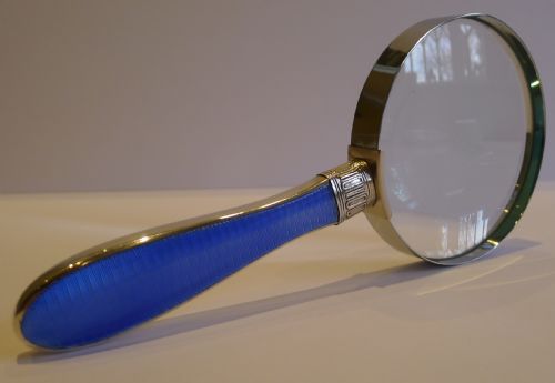 Large English Sterling Silver & Blue Guilloche Enamel Handled Magnifying Glass