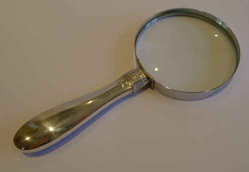 fig 1. Large English Sterling Silver & Blue Guilloche Enamel Handled Magnifying Glass