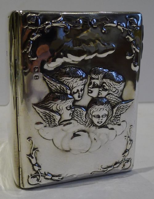 Top-notch Antique English Sterling Silver Card Case - Reynold's Angels / Cherubs.