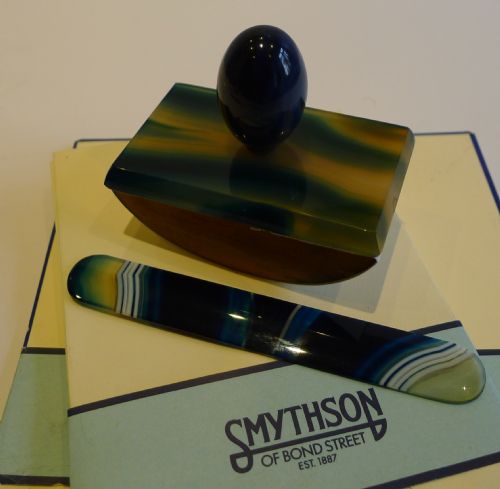 Unusual Small Antique English Desk Blotter & Paper Knife - Agate C.1900