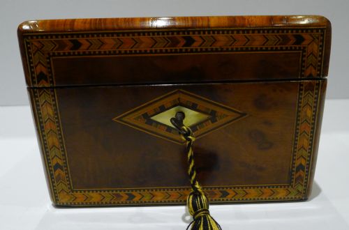 fig 1. Antique English Burl Walnut and Tunbridge Inlaid Tea Caddy c.1860