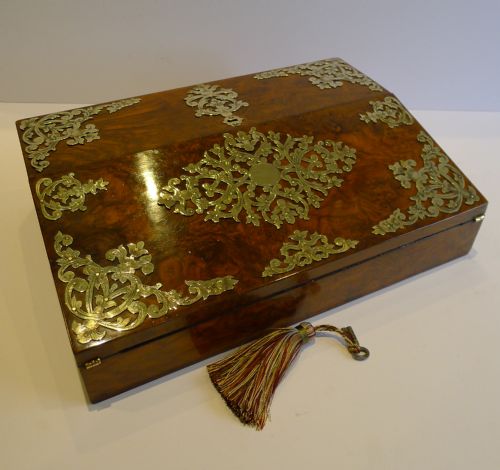Fabulous Antique English Brass Mounted Burr Walnut Lap Desk / Writing Box C.1850