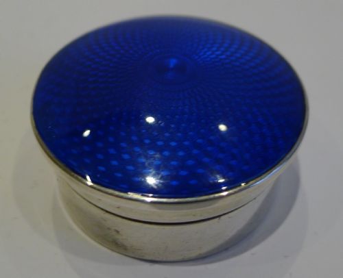 English Sterling Silver & Blue Guilloche Enamel Pill Box - 1922
