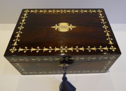 fig 1. Magnificent Antique English Ivory Inlaid Rosewood Desk or Table Box c.1830