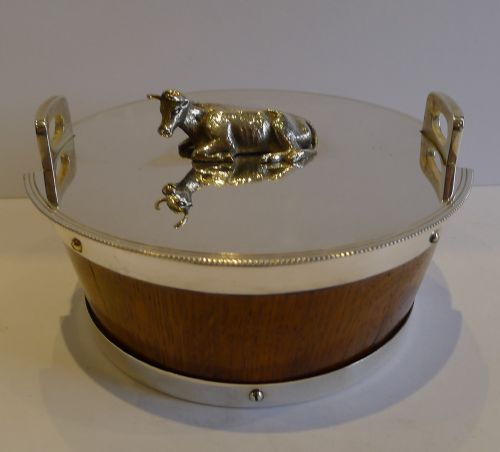 Antique English Coopered Oak & Silver Plate Figural Butter Dish C.1890 - Cow