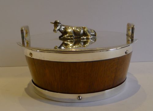 fig 1. Antique English Coopered Oak & Silver Plate Figural Butter Dish c.1890 - Cow