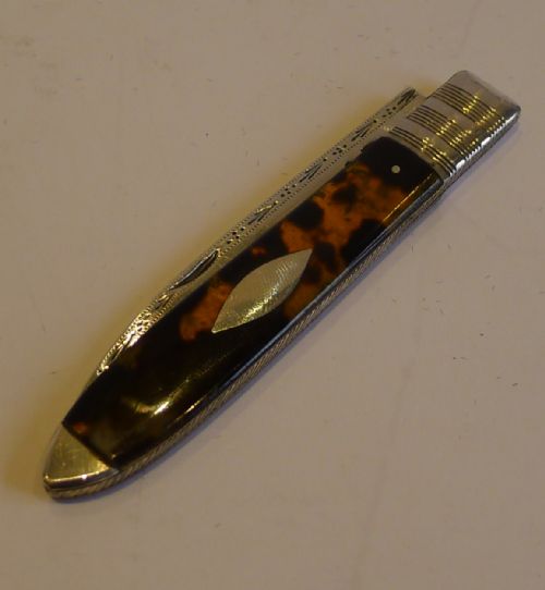 Antique English Tortoiseshell & Sterling Silver Fruit Knife C.1800