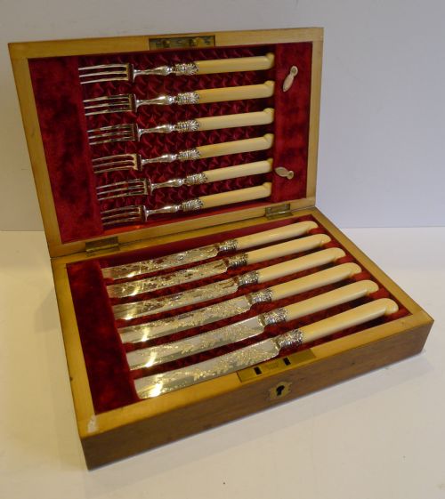 Antique English Silver Plate & Ivory Fruit Knives and Forks by Allen & Darwin C.1900