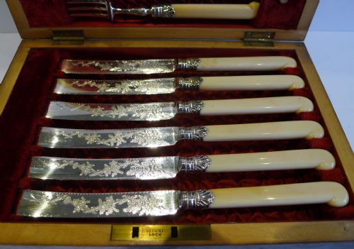 fig 2. Antique English Silver Plate & Ivory Fruit Knives and Forks by Allen & Darwin c.1900