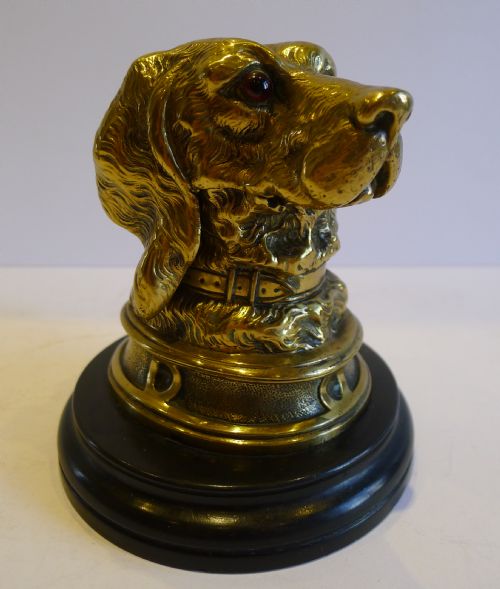 fig 1. Antique English Figural Brass Inkwell - Dog - Original Glass Eyes, Stone Base, c.1880