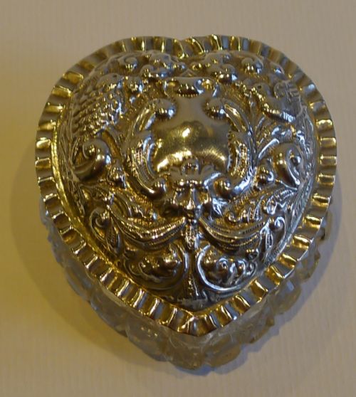 Antique English Cut Crystal Heart Shaped Box - Sterling Silver Lid