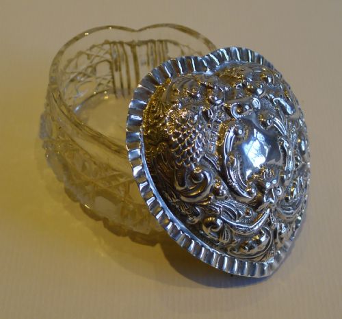 fig 1. Antique English Cut Crystal Heart Shaped Box - Sterling Silver Lid