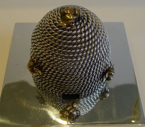fig 1. Rare Antique English Bee Hive Inkwell in Silver Plate - Reg. 1869