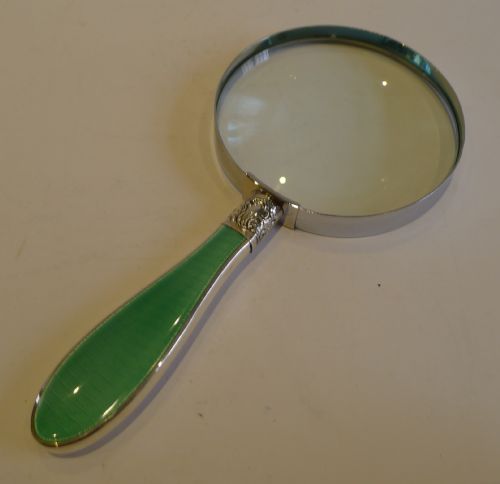English Sterling Silver & Guilloche Enamel Handled Magnifying Glass
