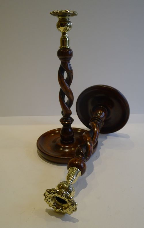 Pair Antique English Oak Open Barley Twist Candlesticks - Brass Thistle Tops