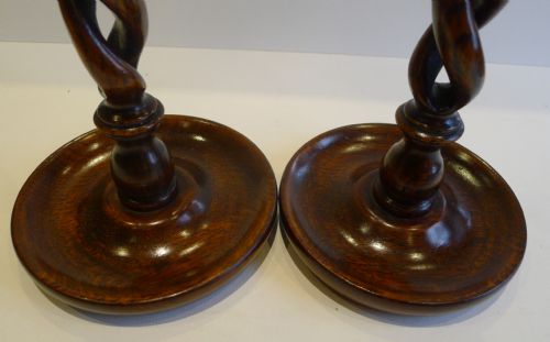 fig 1. Pair Antique English Oak Open Barley Twist Candlesticks - Brass Thistle Tops