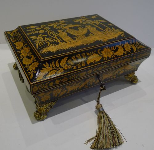 Fine Quality English Regency Penwork Jewelry Box in Chinoiserie C.1820