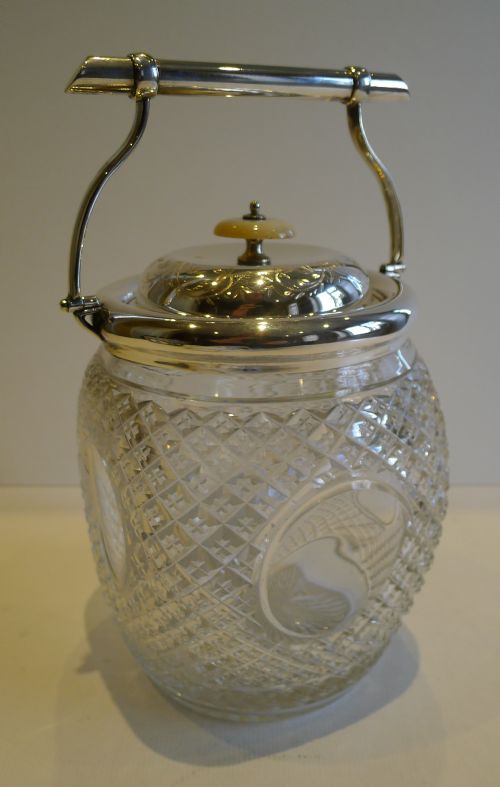Top Notch Unusual Antique English Cut Crystal & Silver Plate Biscuit Box