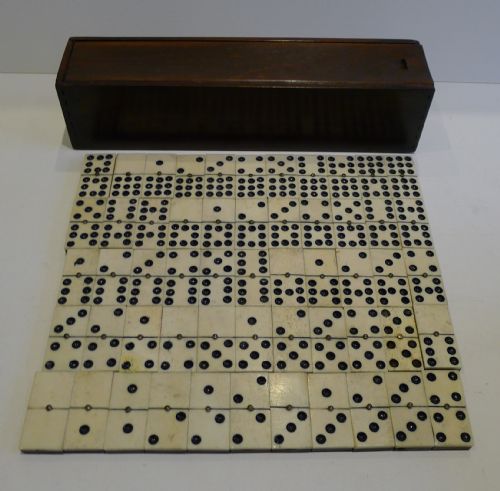 Large Antique English Set Double Nines Dominoes in Bone & Ebony - Original Box C.1890