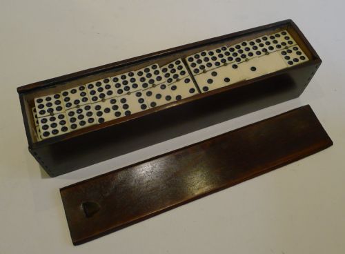 fig 1. Large Antique English Set Double Nines Dominoes In Bone & Ebony - Original Box c.1890